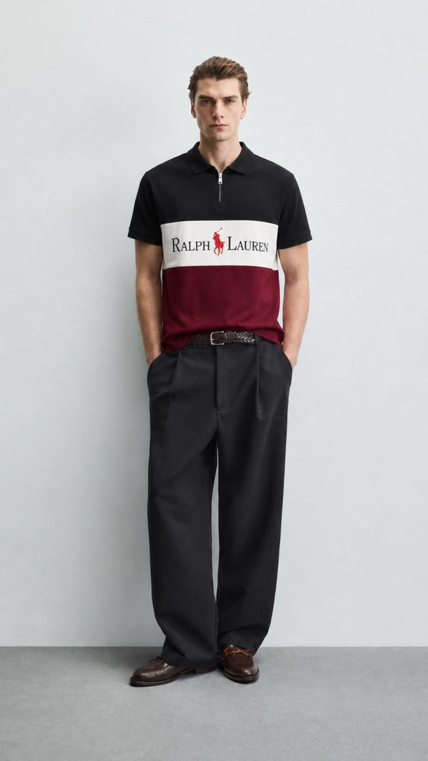 Signature Colorblock Zip Polo –Black