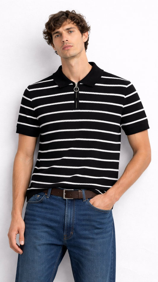 Premium Knitted Black Striped Zip Polo