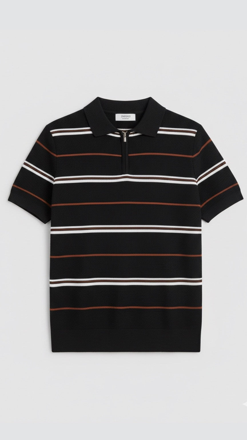 Premium Knitted Black Striped Zip Polo