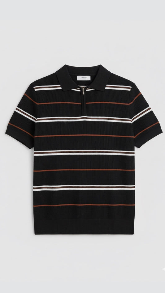 Premium Knitted Black Striped Zip Polo