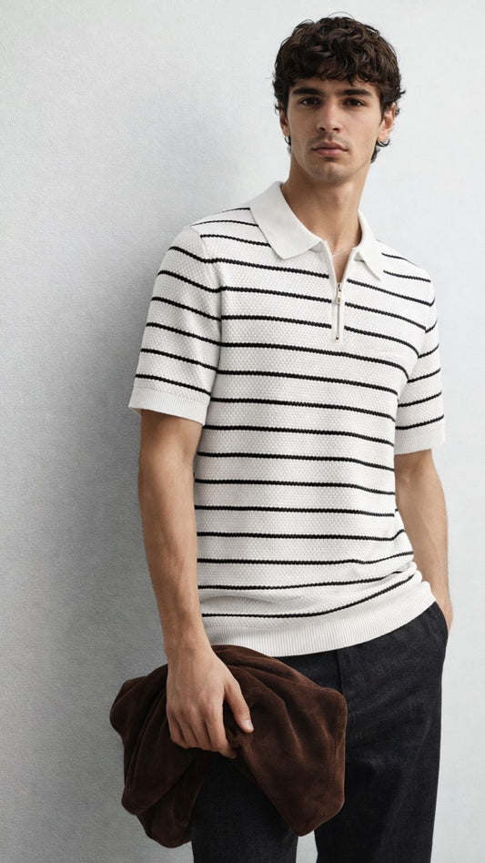 Premium Knitted White Striped Zip Polo