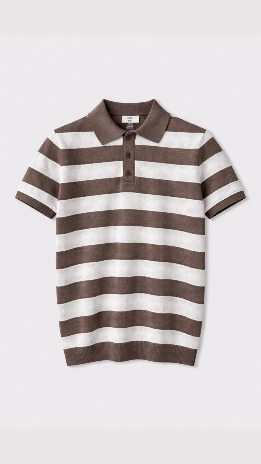 Brown and white striped polo shirt on a light gray background
