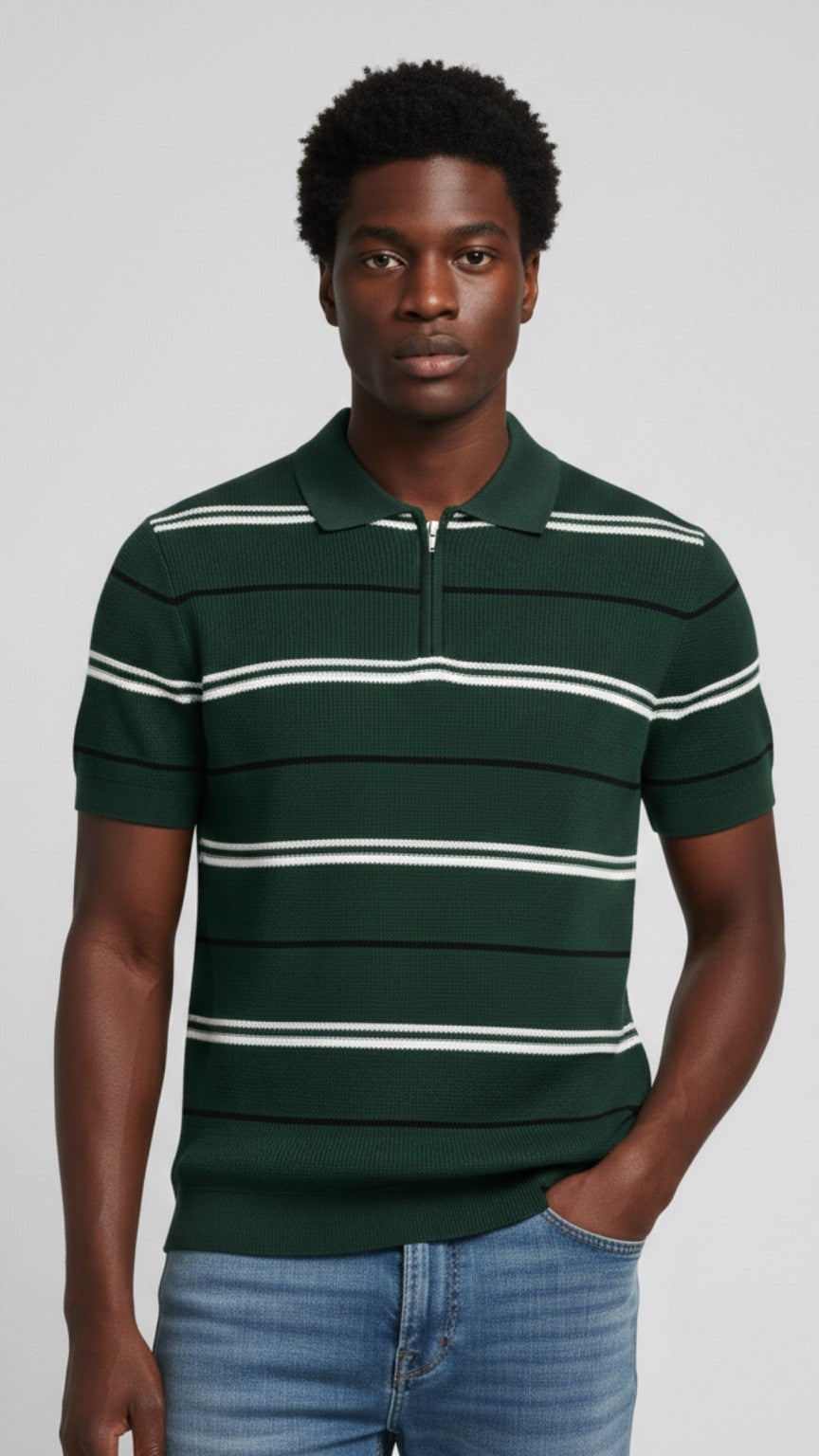 Premium Knitted Forest Green Striped Zip Polo