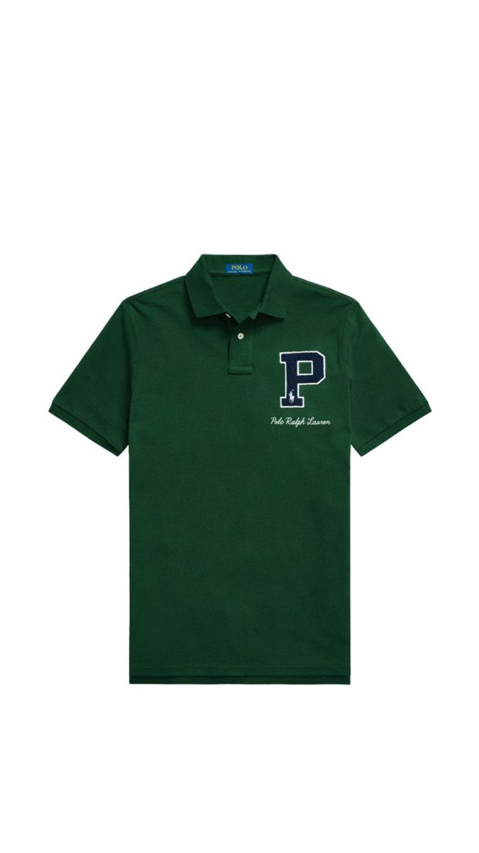 Green polo shirt with a logo on a white background