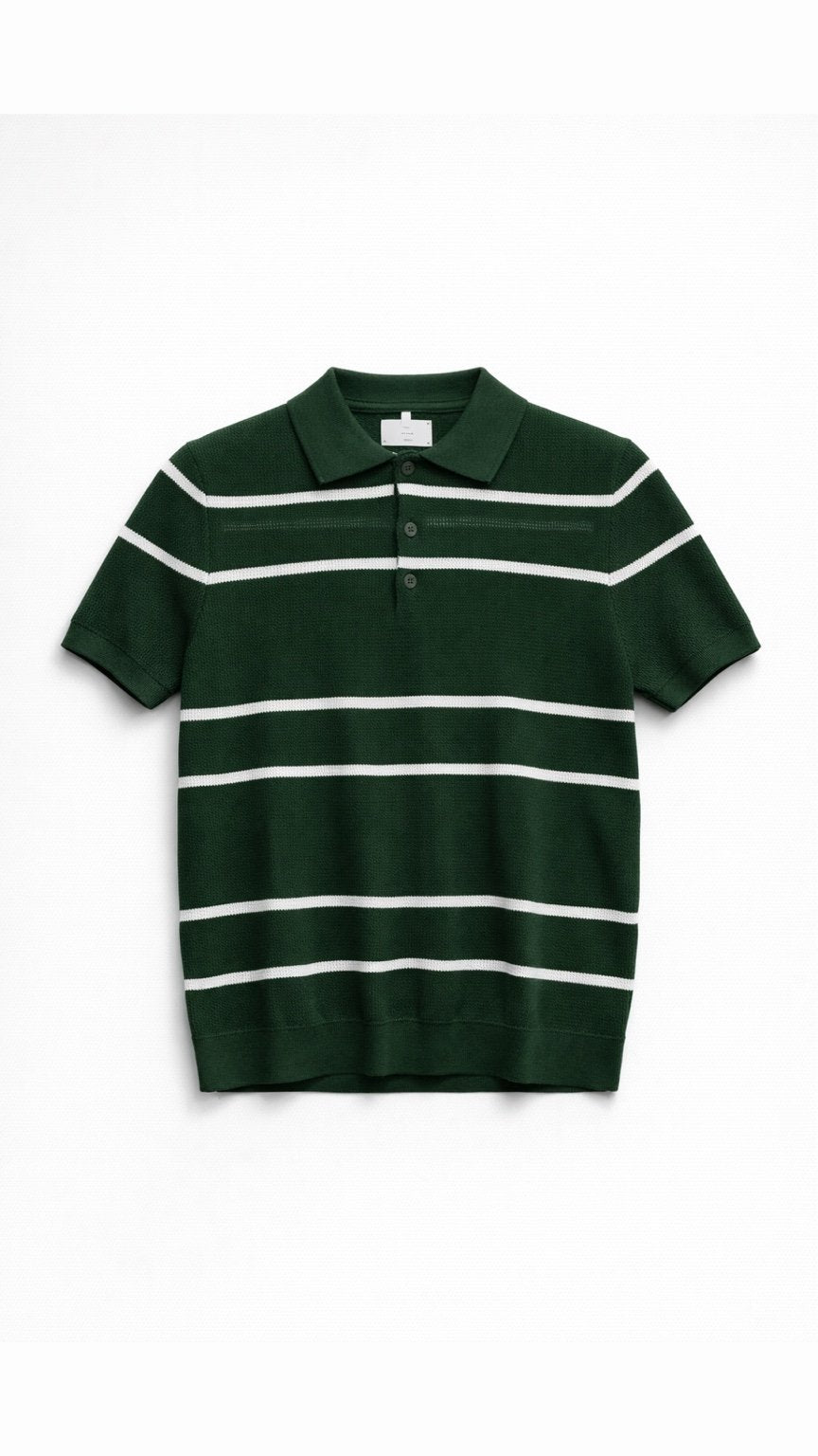 Green and white striped polo shirt on a white background