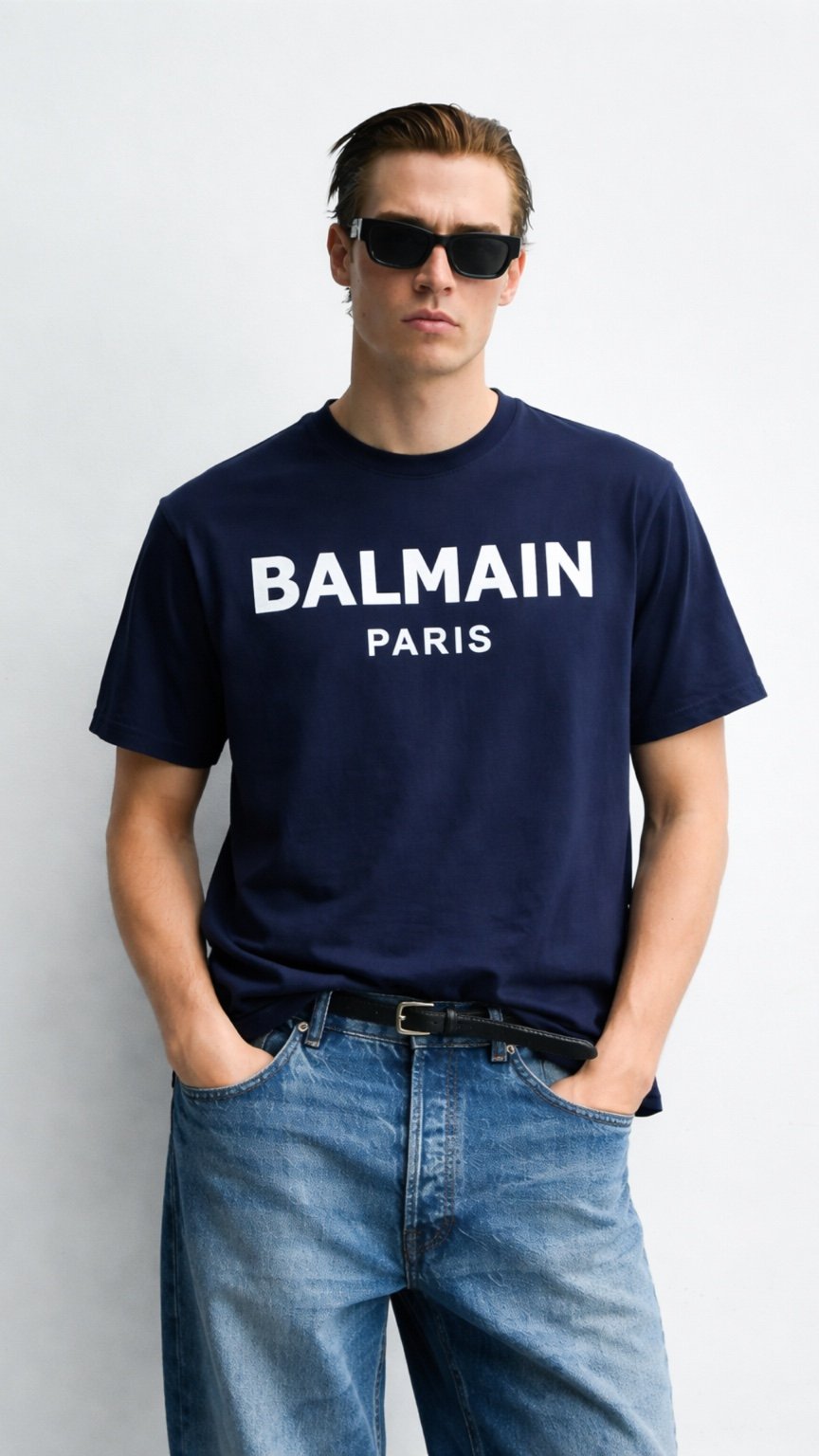 Man wearing a navy Balmain t-shirt and sunglasses against a white background