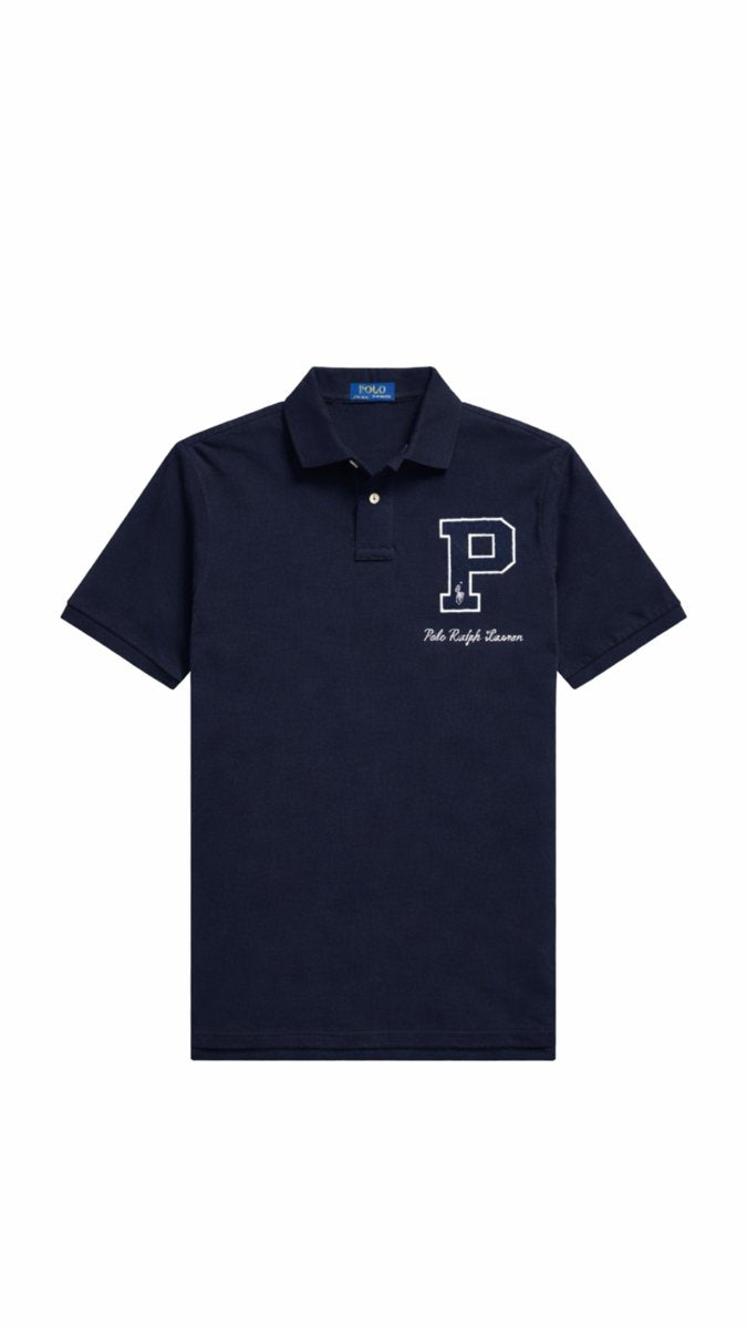 Navy blue polo shirt with a logo on a white background