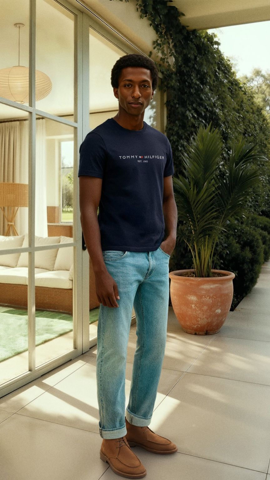 Man standing outdoors in a modern setting wearing a navy t-shirt and light blue jeans.