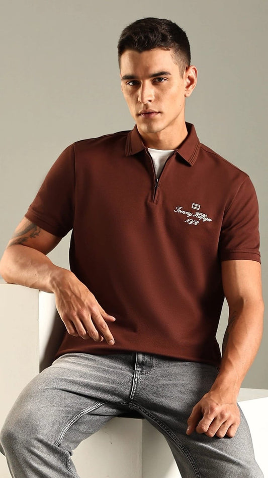 T-Brown Crest Zip Polo