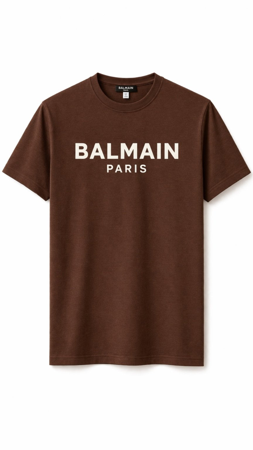 Brown t-shirt with 'Balmain Paris' logo on a white background