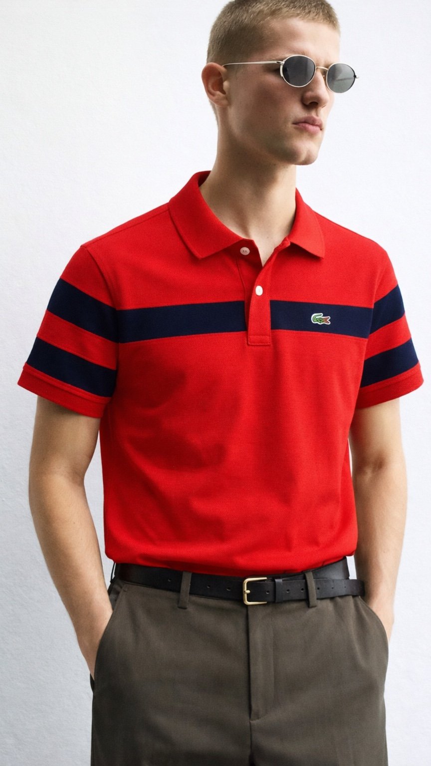 Man wearing a red polo shirt with navy stripes and sunglasses on a light gray background