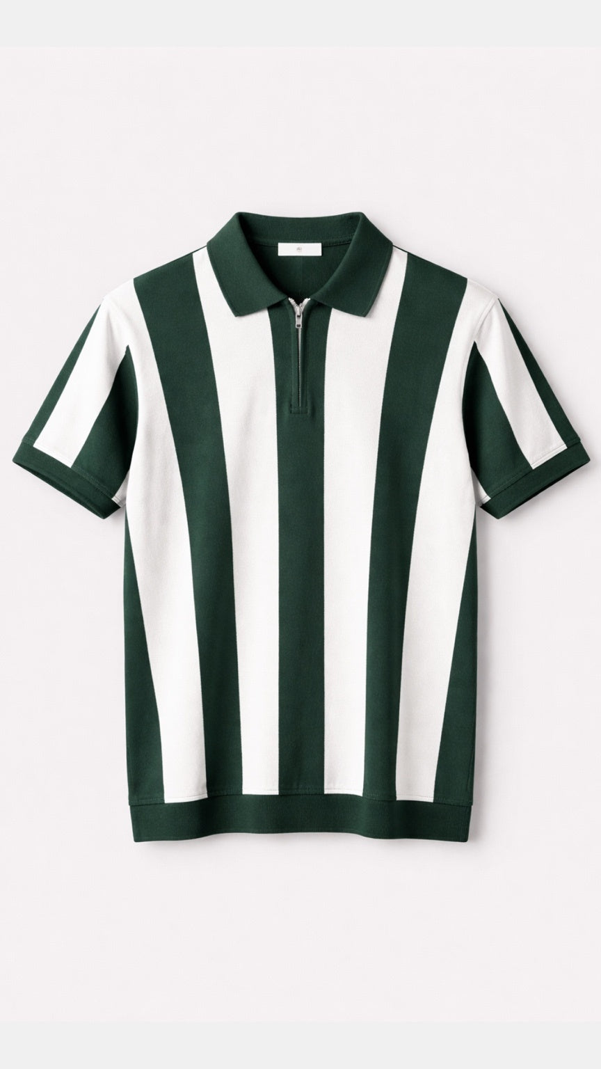 Premium Knitted Striped Zip Polo – Green & White