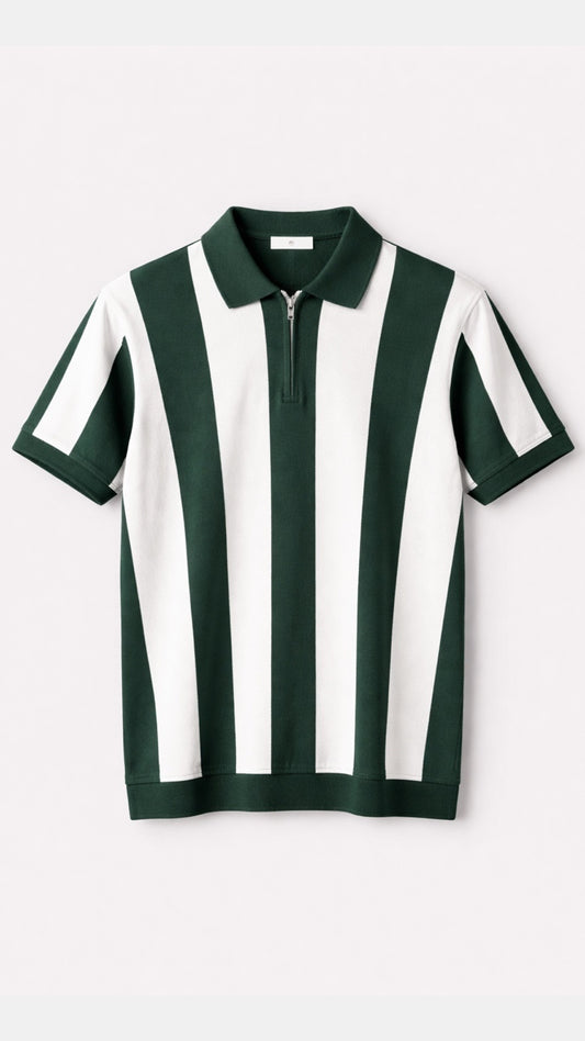 Premium Knitted Striped Zip Polo – Green& Off White