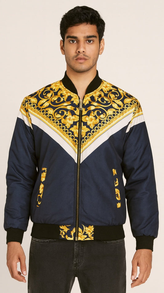 Man wearing a blue and gold patterned jacket on a beige background