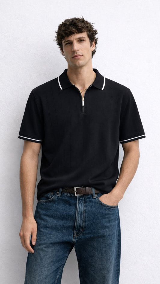 Midnight Ribbed Knitted Zip Polo Black