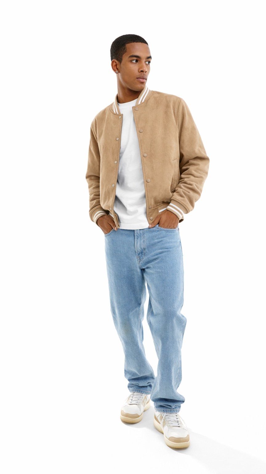 Man wearing a beige bomber jacket, white shirt, light blue jeans, and white sneakers on a white background