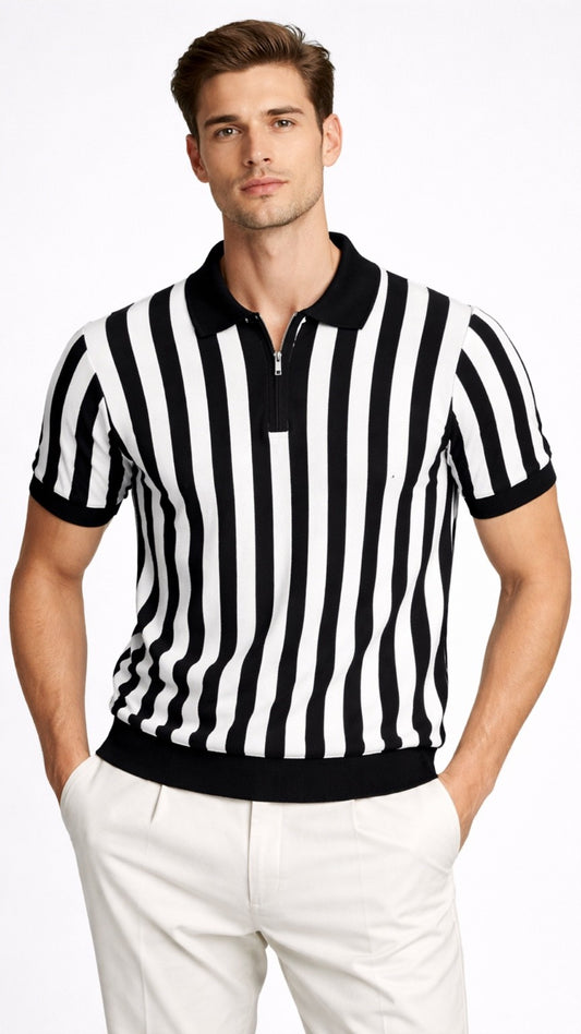 Premium Knitted Emerald Stripe Zip Polo Black