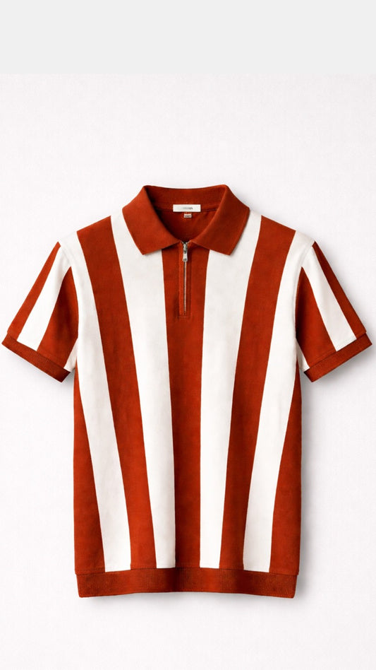 Premium Knitted Striped Zip Polo – Rust & Off White