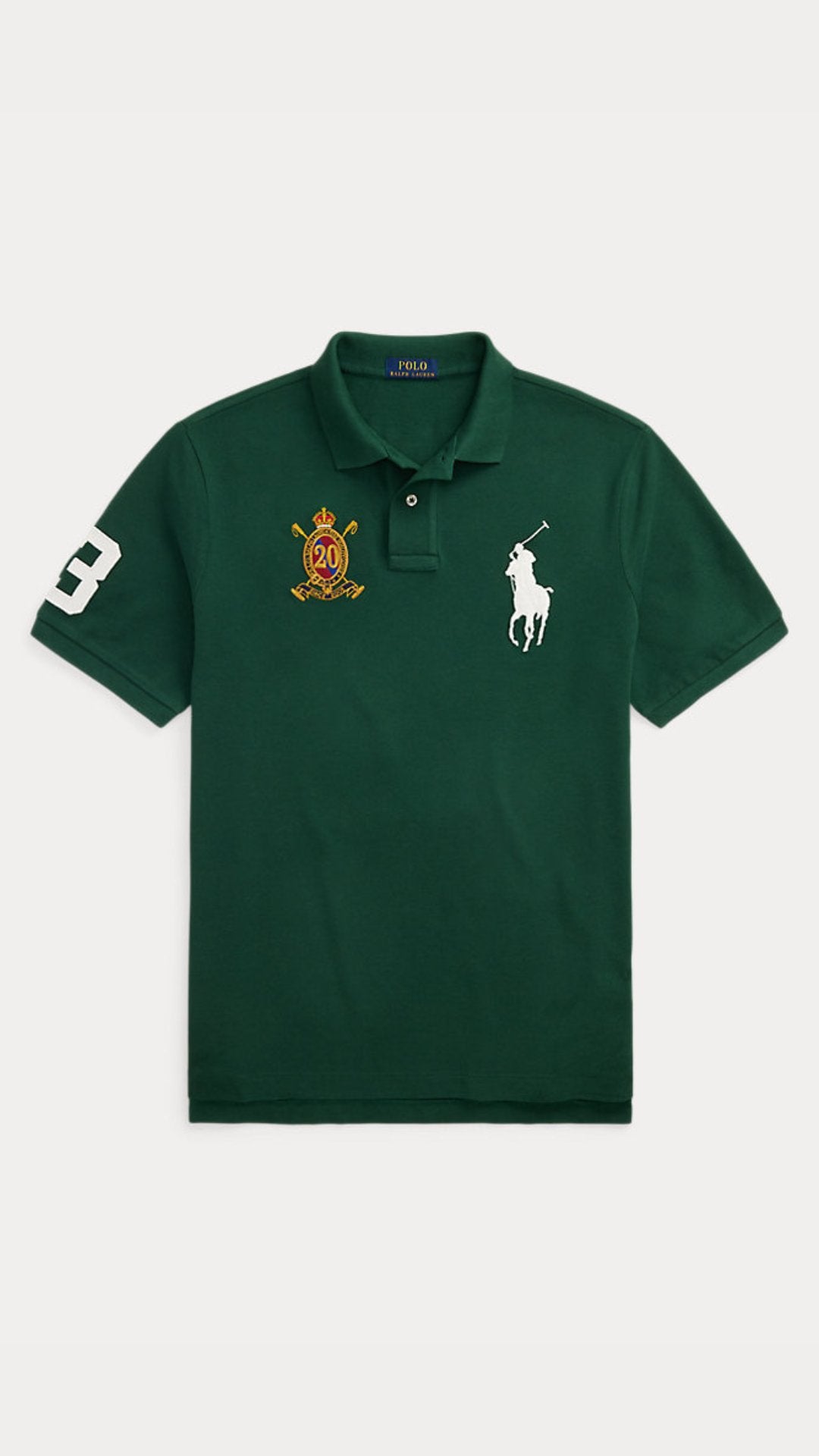 Green polo shirt with embroidered logos on a white background