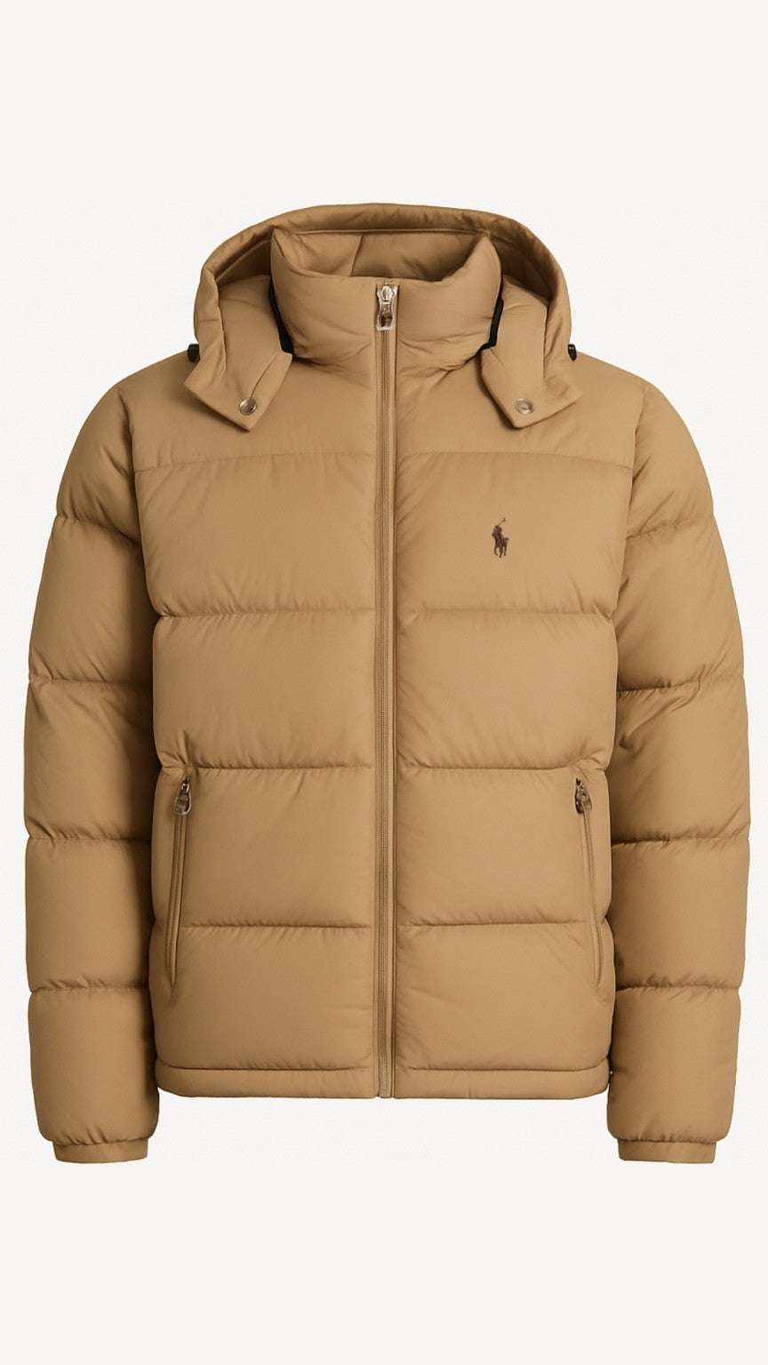 Beige puffer jacket with a brand logo on a white background