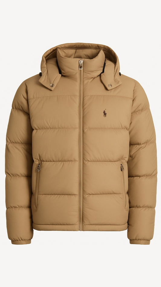 Beige puffer jacket with a brand logo on a white background