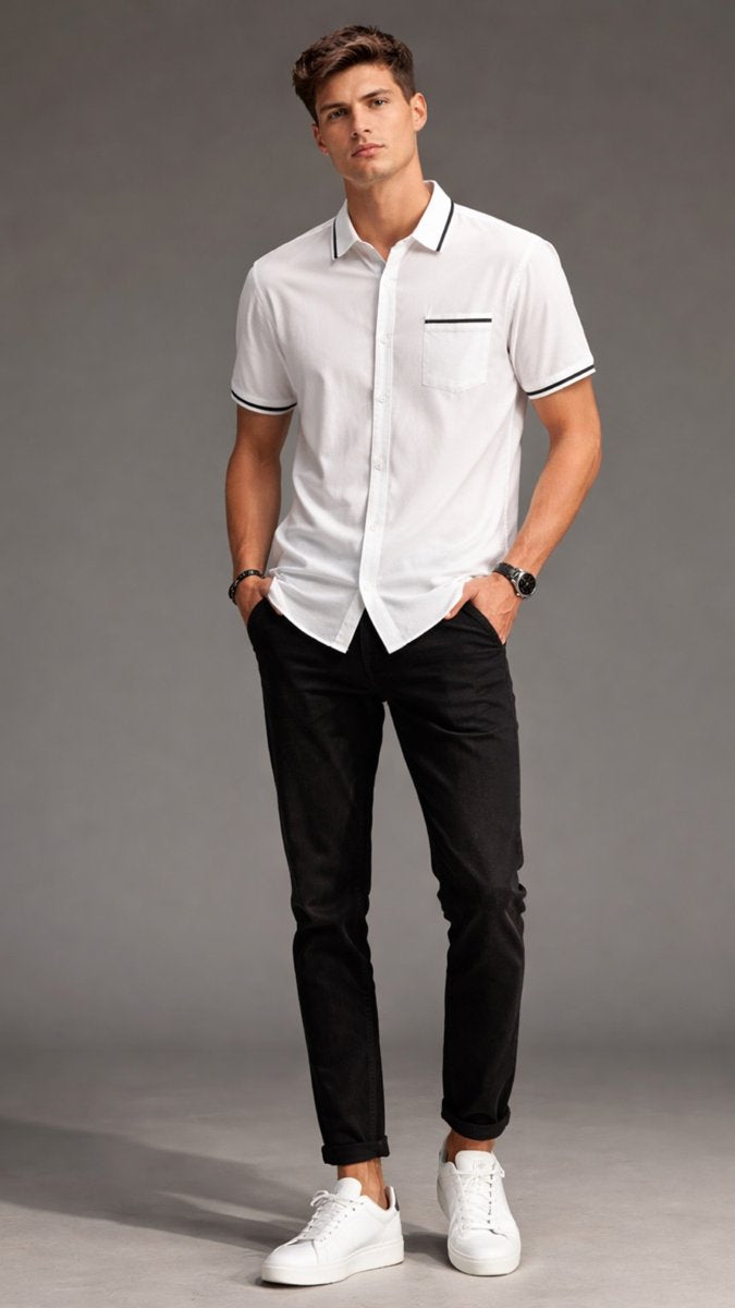 Man wearing a white short-sleeve shirt with black accents and black pants on a gray background