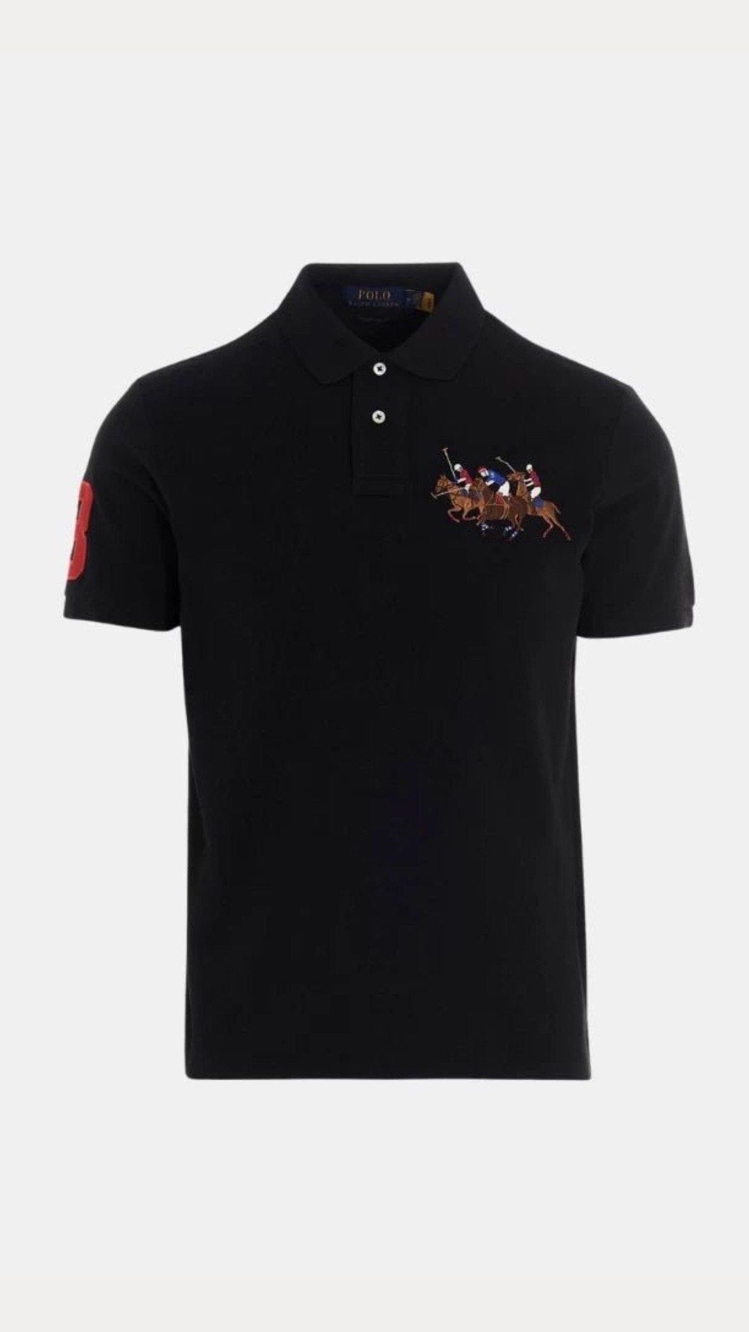 Black polo shirt with embroidered design on a white background