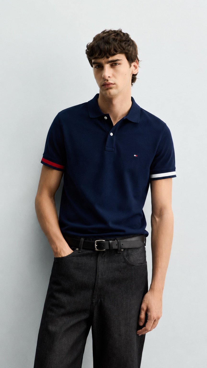 T-Navy Contrast Sleeve Polo Shirt