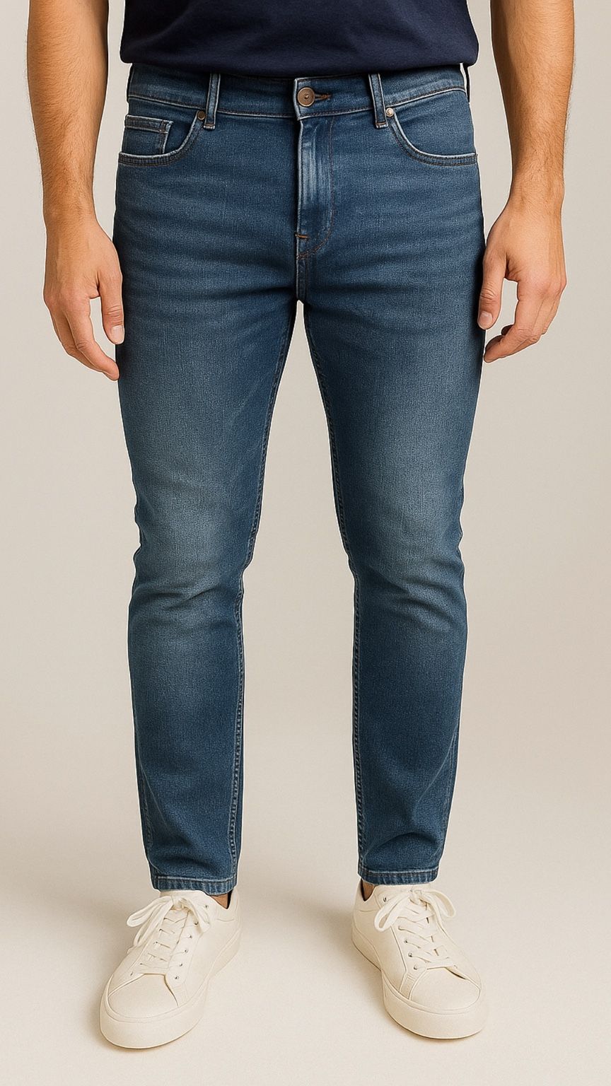 Person wearing blue jeans and white sneakers on a plain background