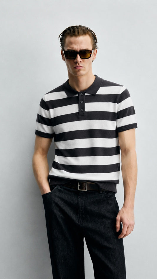 Premium Saddle Stripe Polo Grey