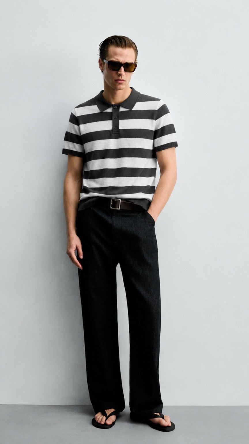 Premium Saddle Stripe Polo Grey