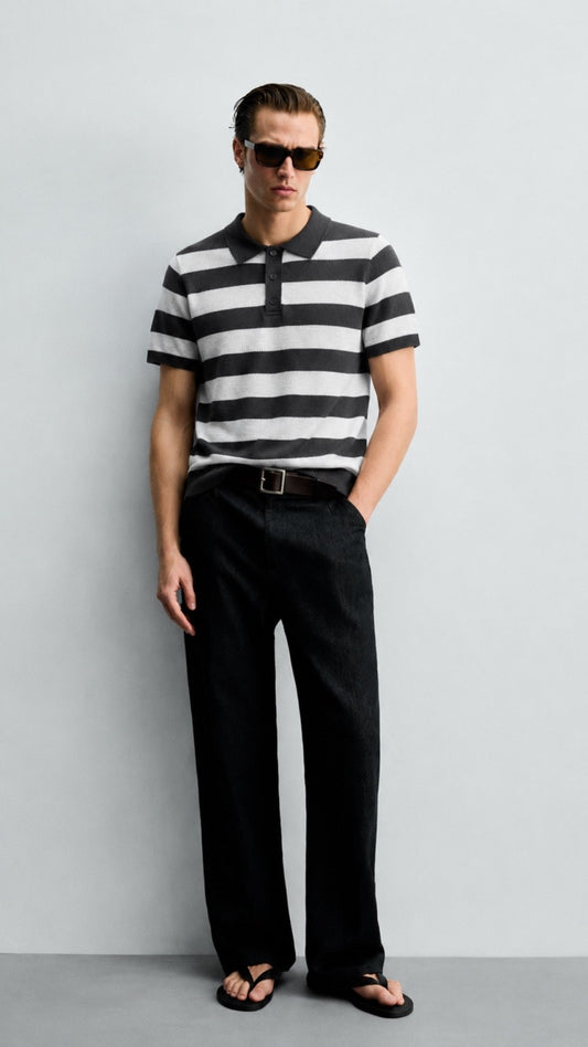 Premium Saddle Stripe Polo Grey