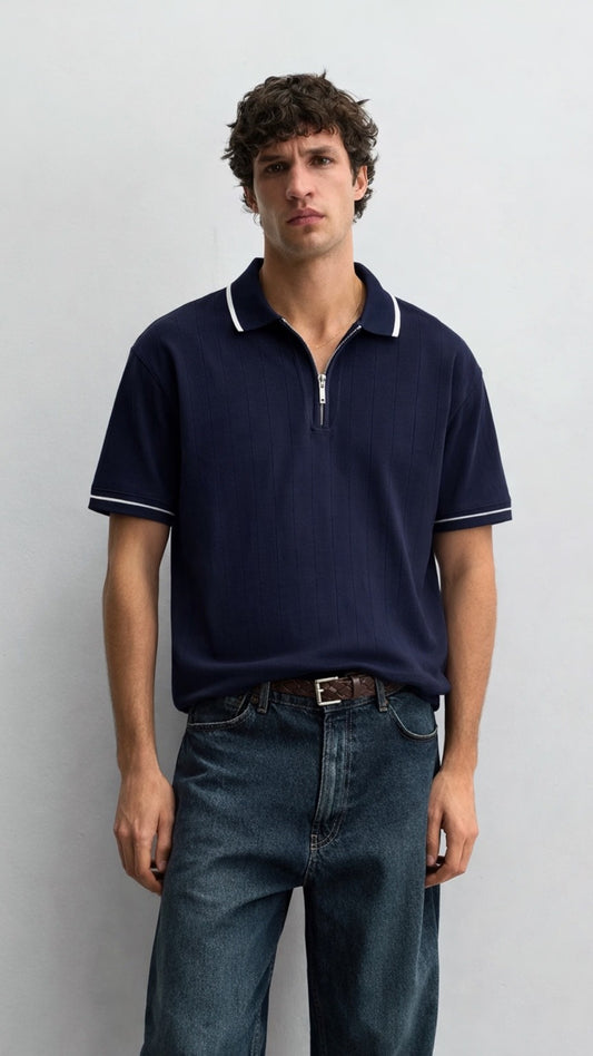 Midnight Knitted Ribbed Zip Polo Blue
