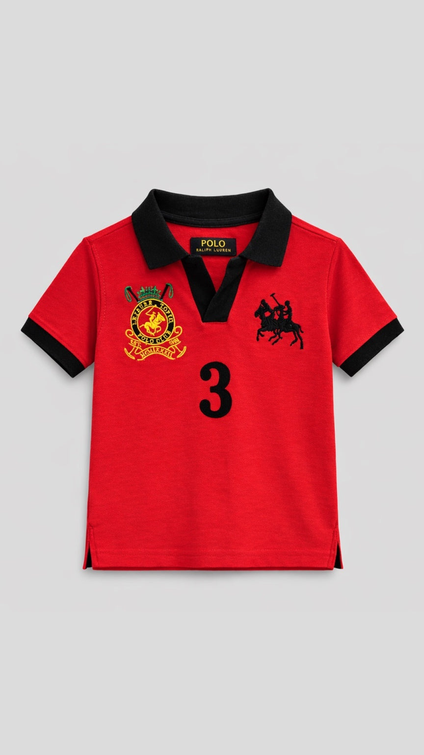 Red polo shirt with black collar and number 3 on a gray background