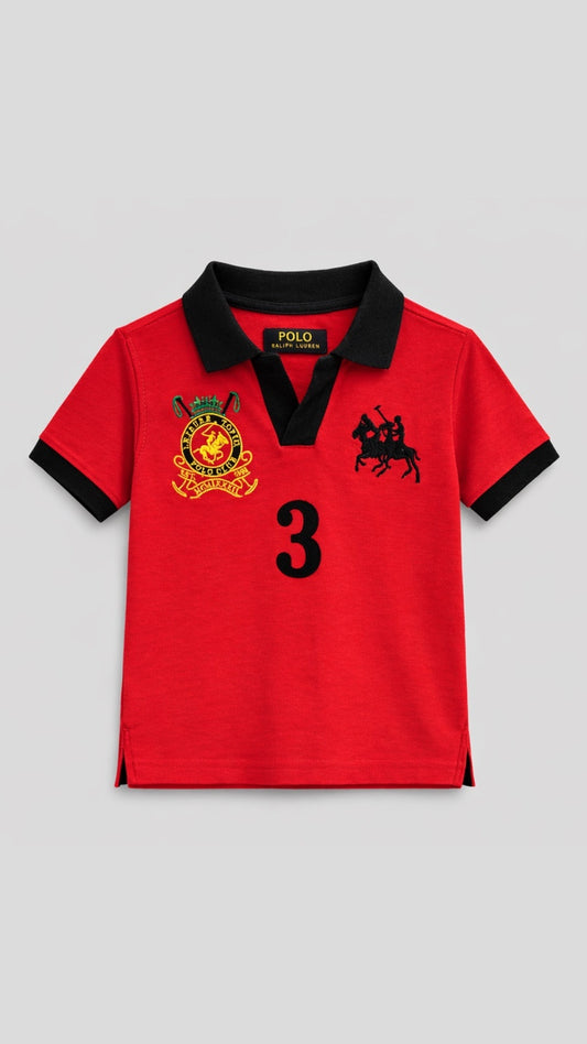 Red polo shirt with black collar and number 3 on a gray background