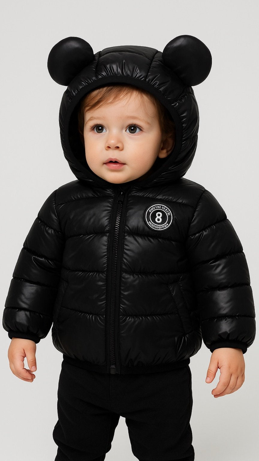 Child wearing a black puffer jacket with bear ears on a white background