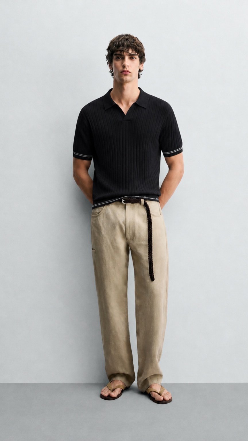 Ivory Ribbed Classic Polo Black