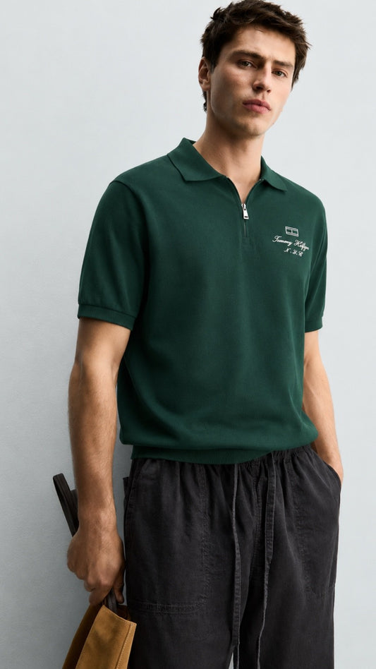 T-Green Crest Zip Polo