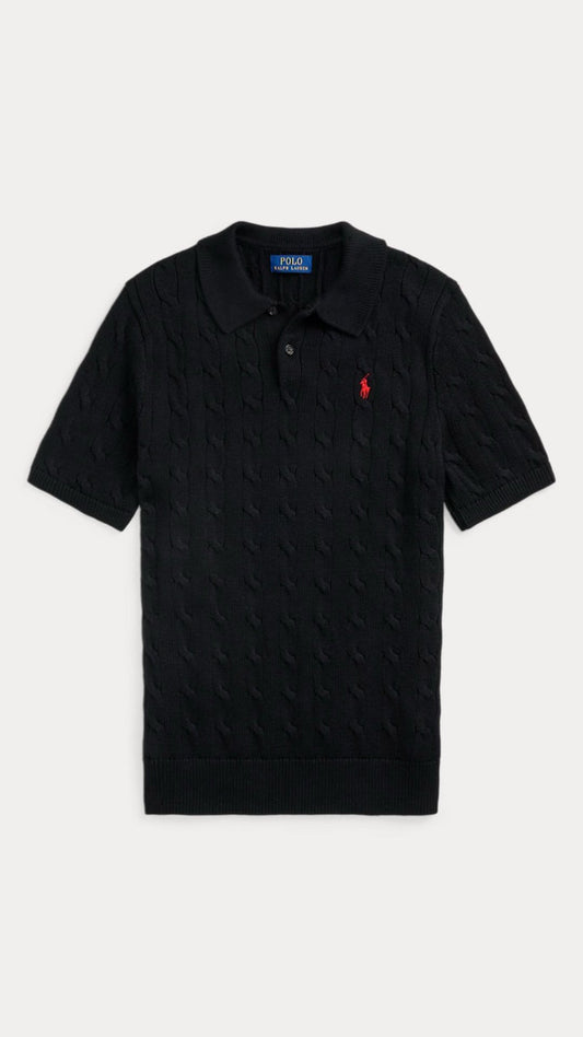 Black polo shirt with a red logo on a white background