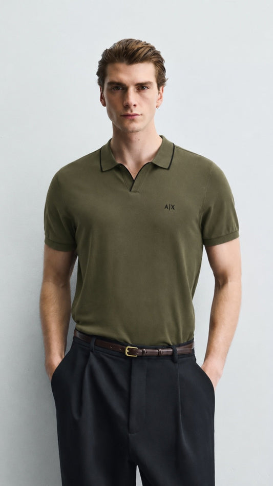 A-Essential Olive Tipped J-Neck Polo Shirt