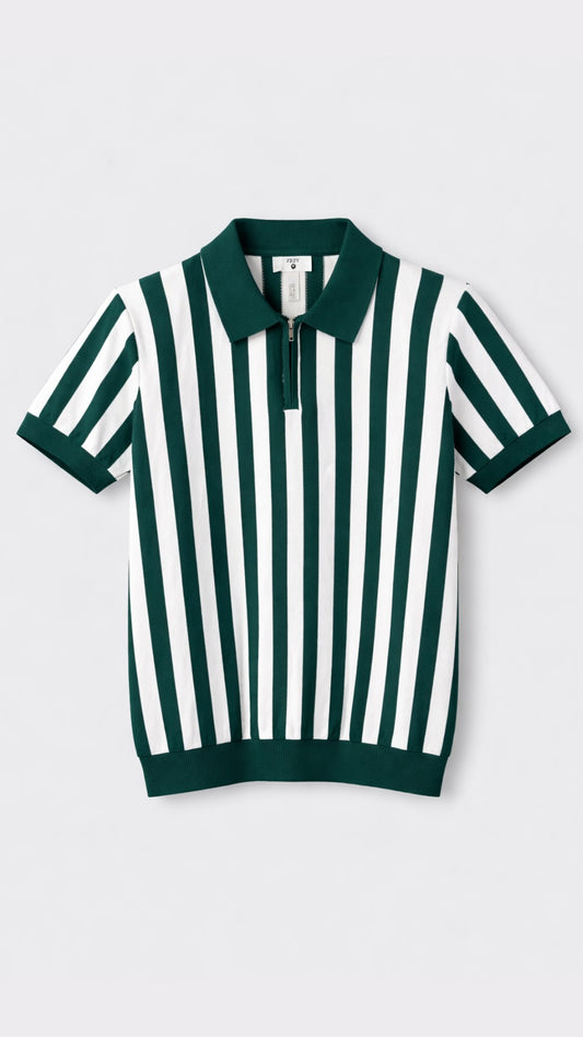 Premium Knitted Emerald Stripe Zip Polo Green