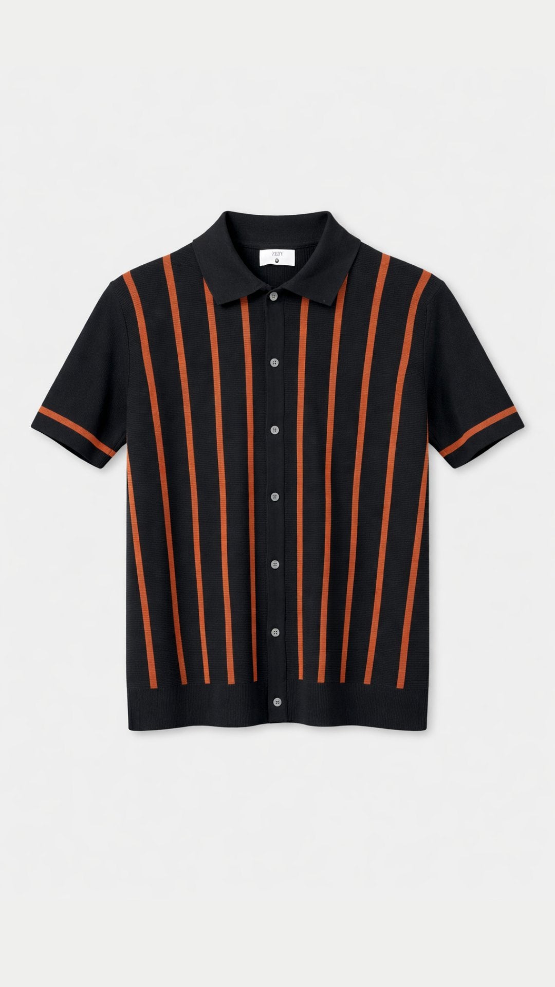 Black polo shirt with orange stripes on a light gray background