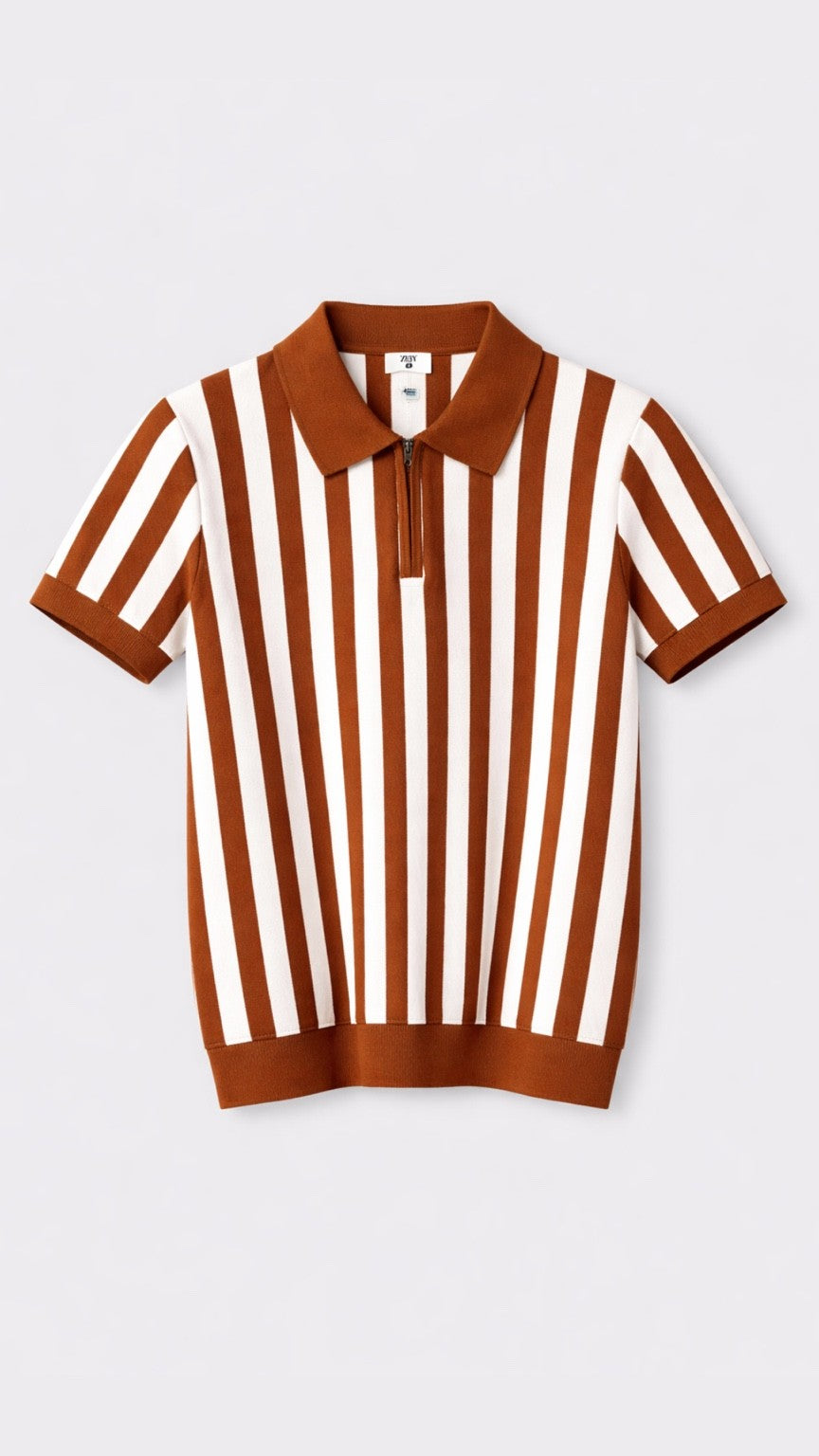 Premium Knitted Emerald Stripe Zip Polo Rust Brown