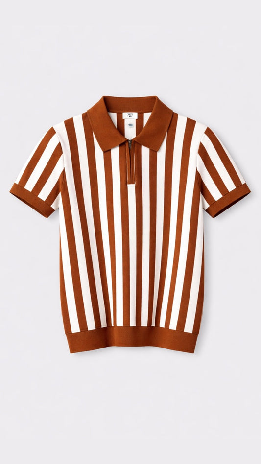Premium Knitted Emerald Stripe Zip Polo Rust Brown