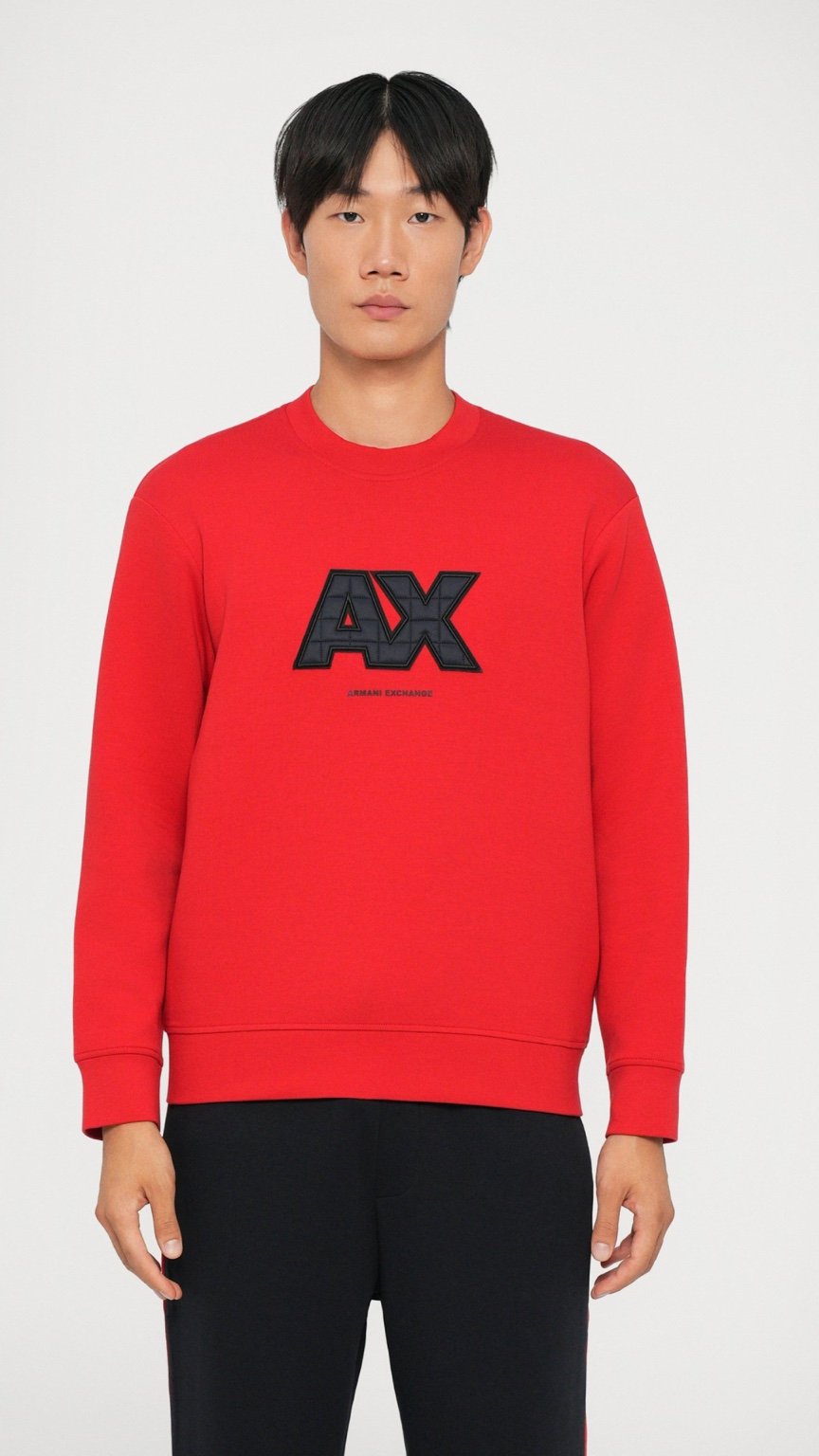 Person wearing a red sweatshirt with a logo on a white background
