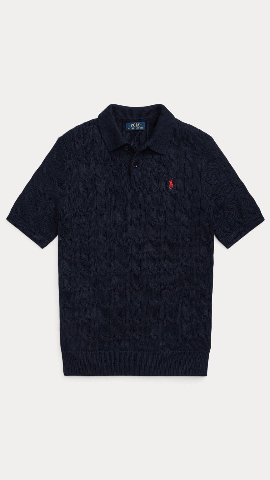 Navy blue polo shirt with a red logo on a white background