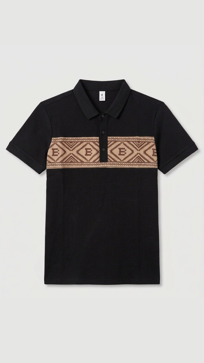 Black polo shirt with a patterned chest band on a light gray background