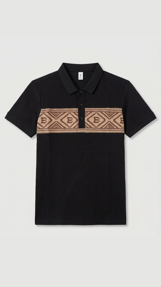 Black polo shirt with a patterned chest band on a light gray background