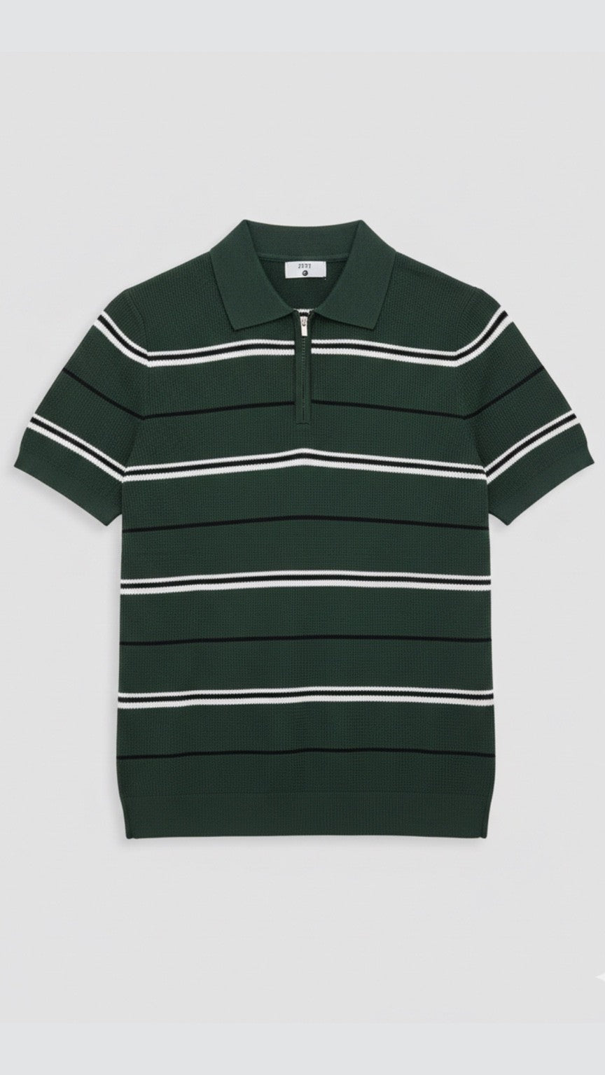 Premium Knitted Forest Green Striped Zip Polo