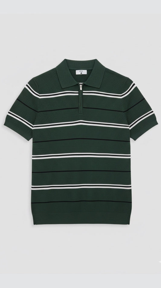 Premium Knitted Forest Green Striped Zip Polo